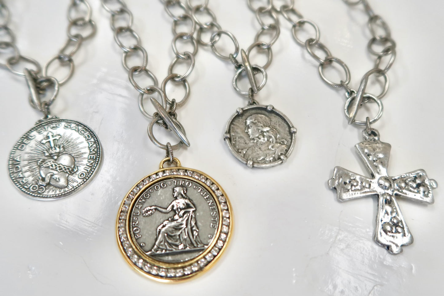 Silver Sacred Heart Coin Pendant Necklace