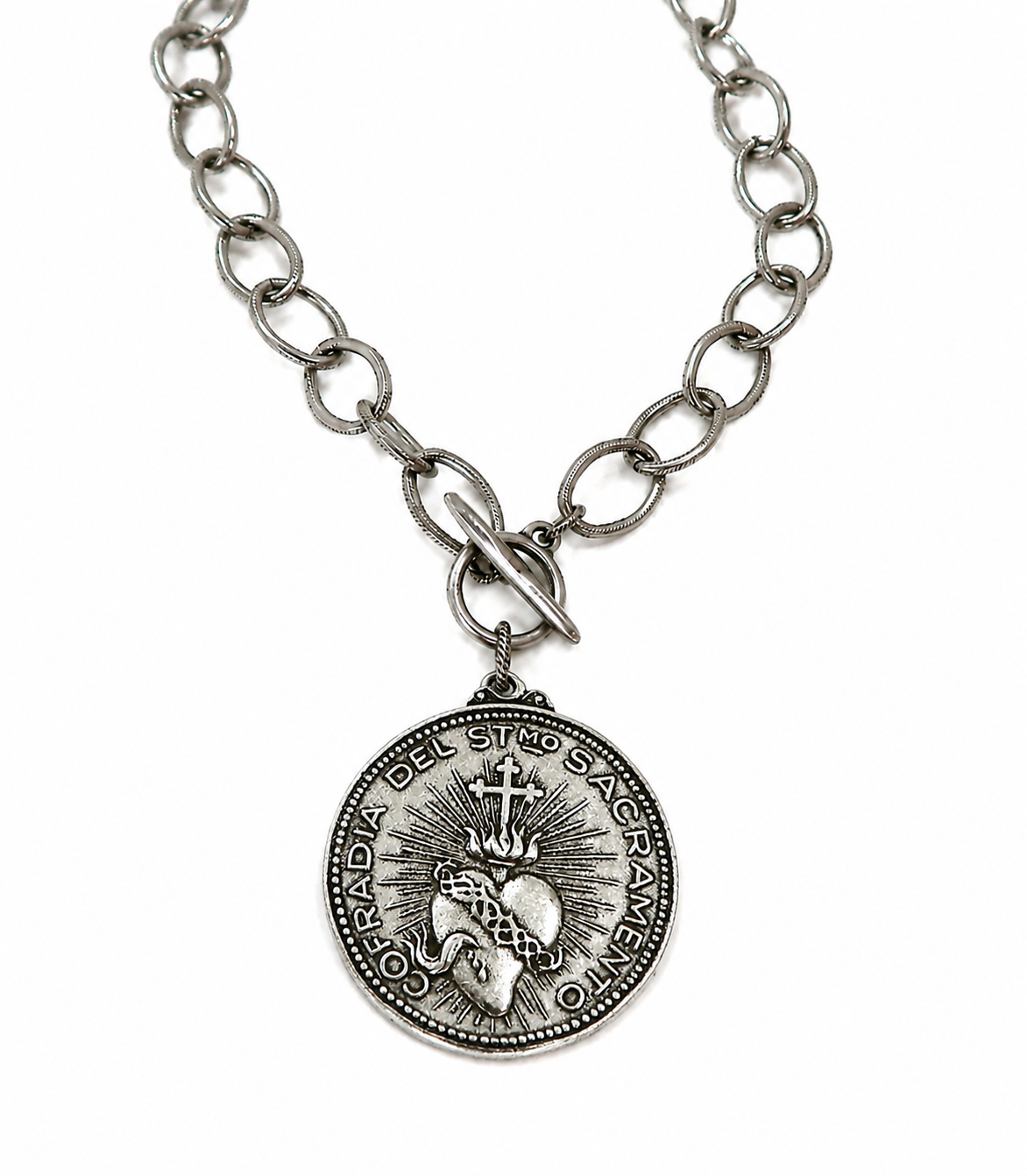 Silver Sacred Heart Coin Pendant Necklace