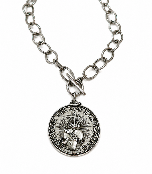 Silver Sacred Heart Coin Pendant Necklace