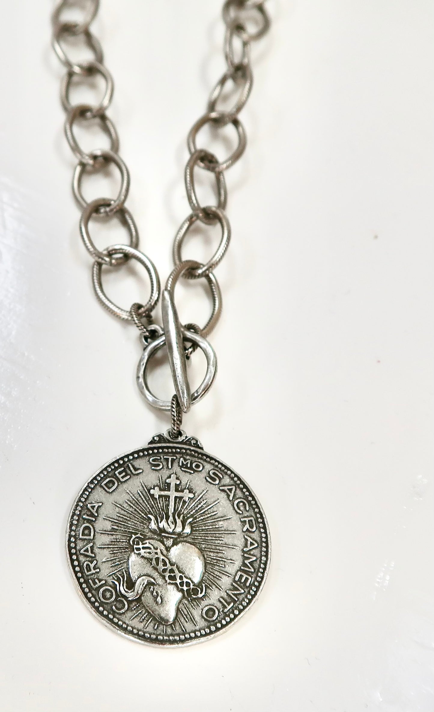 Silver Sacred Heart Coin Pendant Necklace